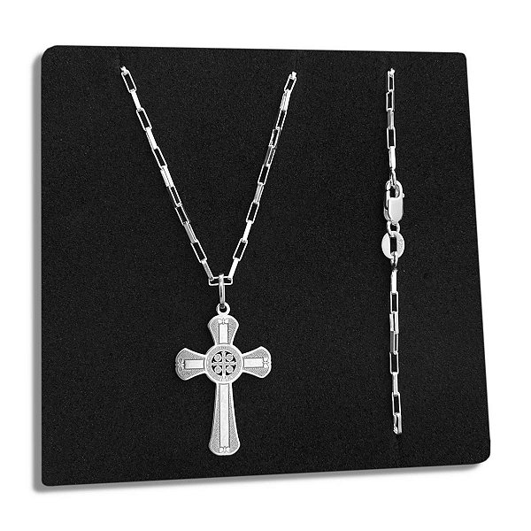 Corrente Tijoinho e Pingente Crucifixo São Bento Prata 925