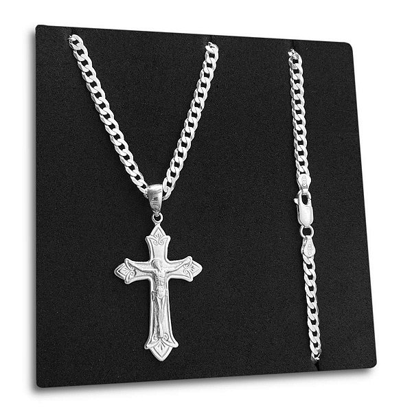 Corrente Grumet 4mm Pingente Crucifixo Cruz Jesus Prata 925