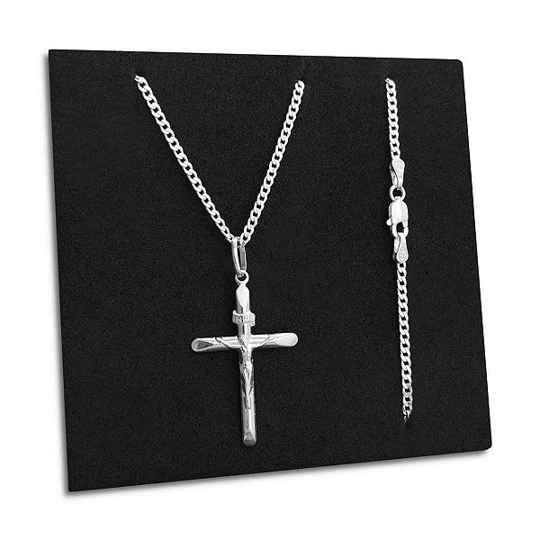 Corrente Grumet 2mm e Pingente Cruz Jesus Cristo Prata 925