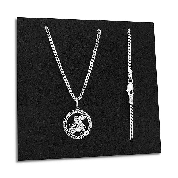 Corrente Grumet 2mm e Pingente Medalha São Jorge Prata 925
