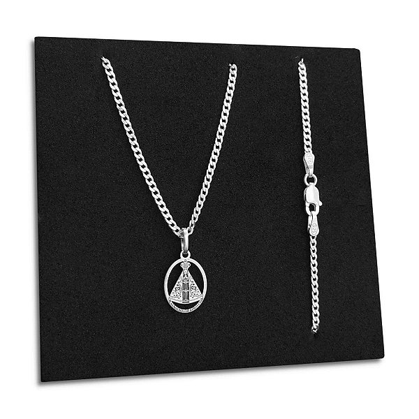 Corrente Grumet 2mm e Pingente N Senhora Aparecida Prata 925