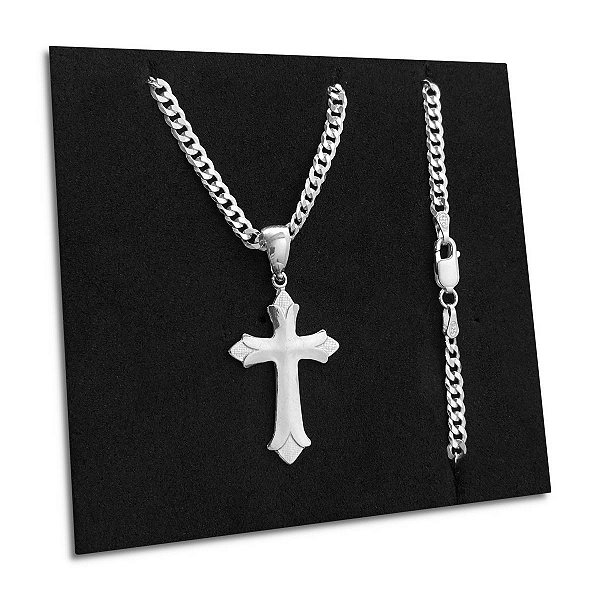 Corrente Masculina Grumet Pingente Crucifixo Prata 925 3mm