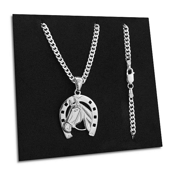 Corrente Masculina Grumet Cavalo Ferradura Prata 925 Maciça