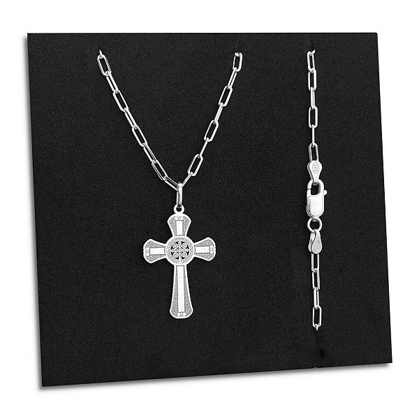 Corrente Elos Cadeado e Crucifixo São Bento Prata 925 Maciça
