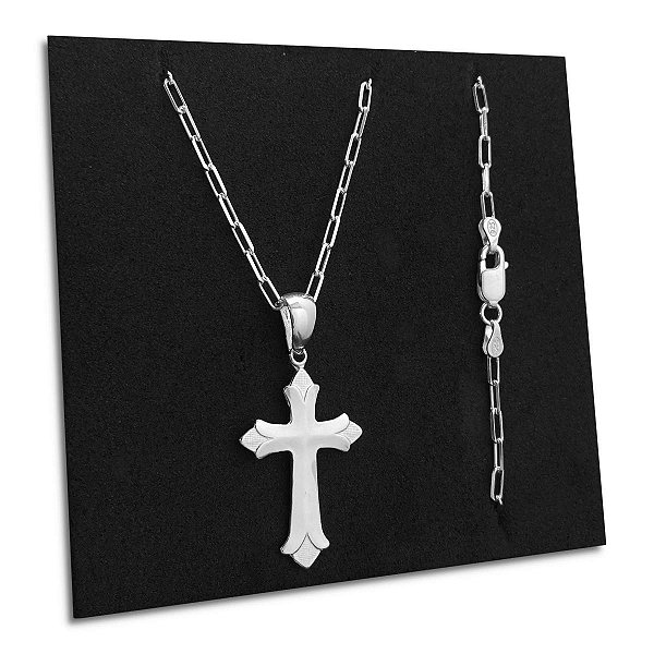 Corrente Elos Cadeado e Crucifixo Prata 925 Legítima Maciça