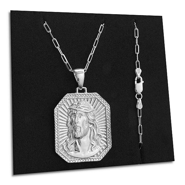 Corrente Elos Cadeado Pingente Jesus Cristo Prata 925 Maciça