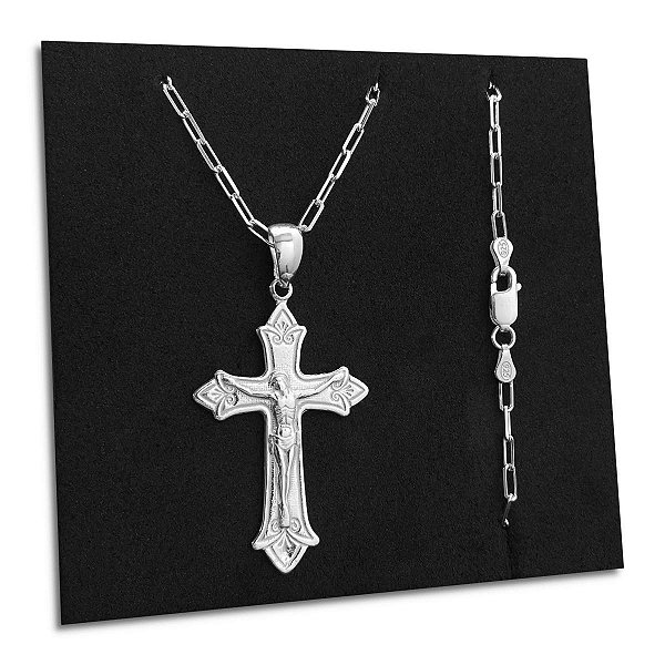 Corrente Elos Cadeado e Crucifixo Jesus Prata 925 Legítima