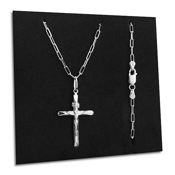 Corrente Masculina Cadeado Crucifixo Jesus Cristo Prata 925
