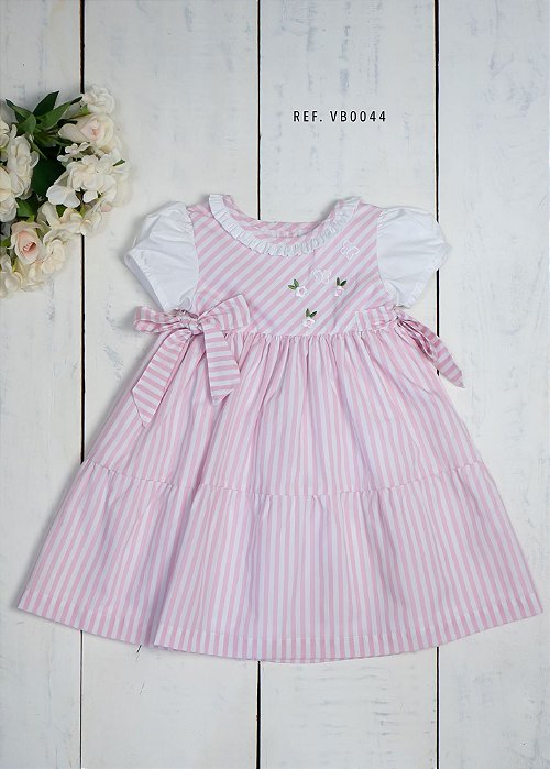 Vestido Bebê  Listras Rosa e Branco