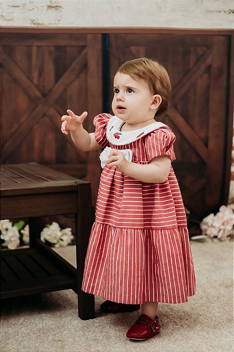 Vestido Bebê  Listras Vermelho e Branco