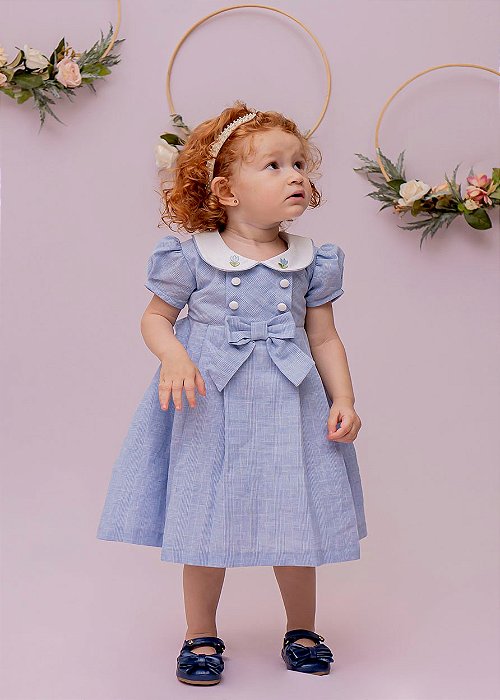 Vestido Bebê  Xadrez Principe de Gales Azul Claro