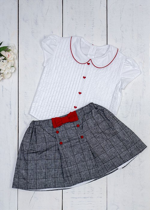 Conjunto Infantil Saia Quadriculado Cinza e Preto