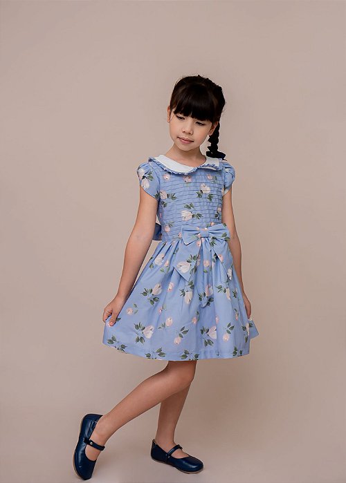 Vestido Infantil  Floral Fundo Azul Claro