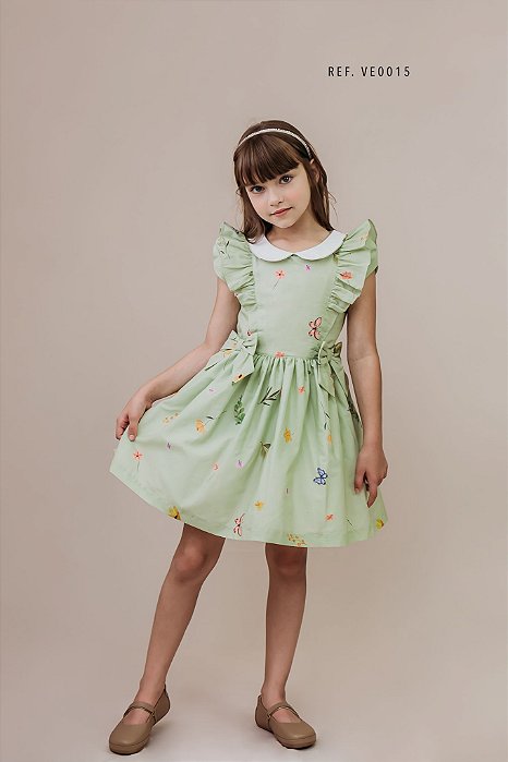 Vestido Infantil  Floral Fundo Verde Claro