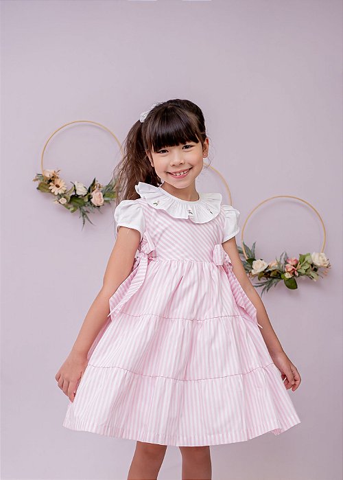 Vestido Infantil  Listras Rosa e Branco