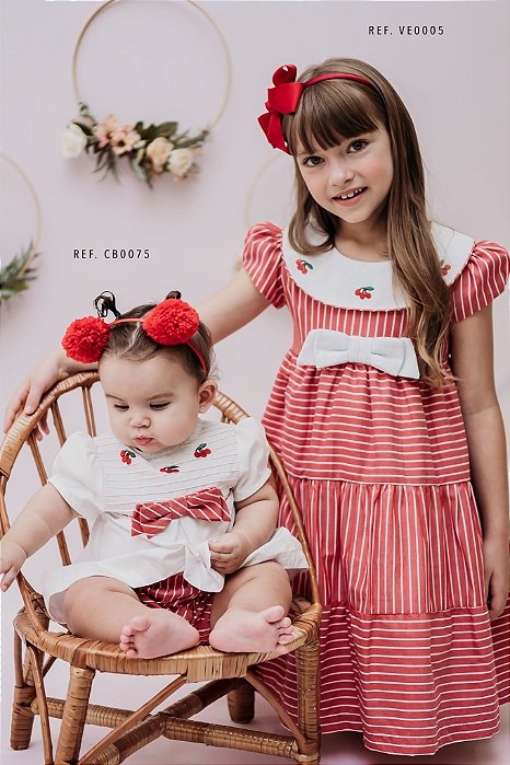 Vestido Infantil  Listras Vermelho e Branco