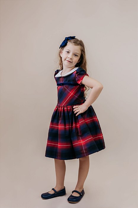 Vestido Infantil  Xadrez Escocês Marinho