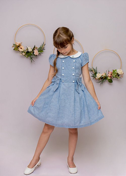 Vestido Infantil  Xadrez Principe de Gales Azul Claro