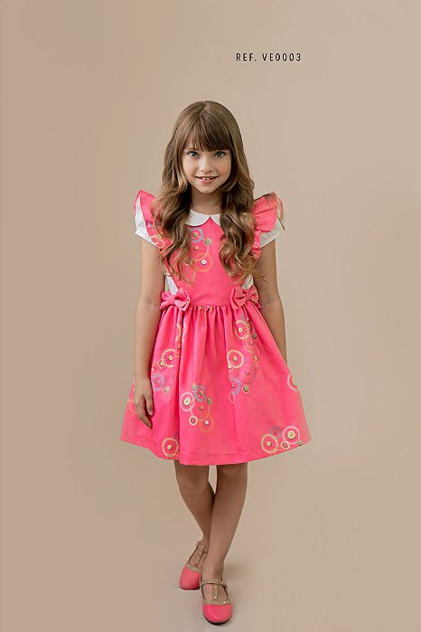 Vestido Infantil 3D Circulos e Botões Pink