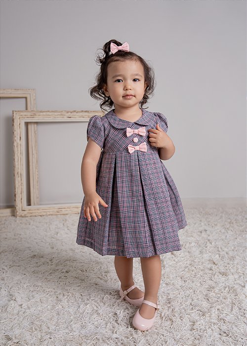 Vestido Bebê Xadrez Cinza e Rose