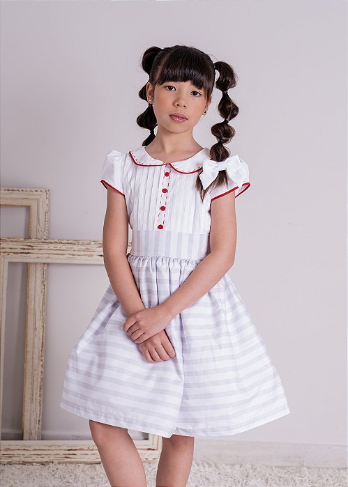 Vestido Infantil Listrado Cinza e Branco