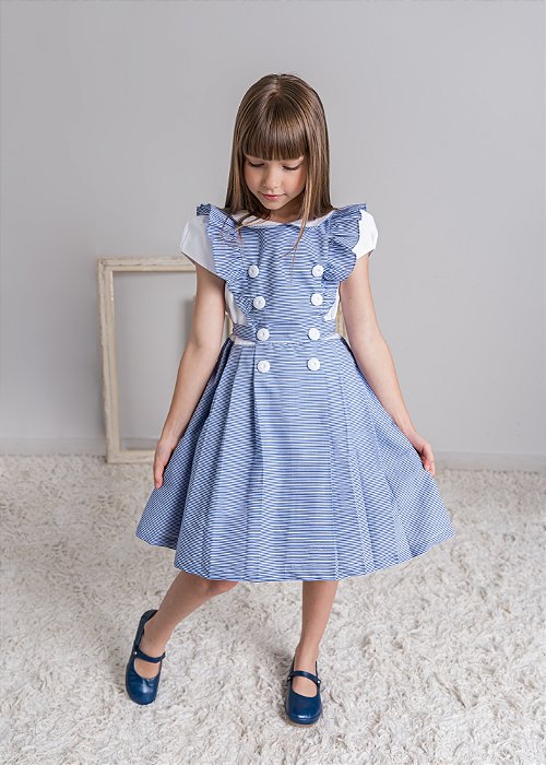 Vestido Infantil Listras Azul e Branco