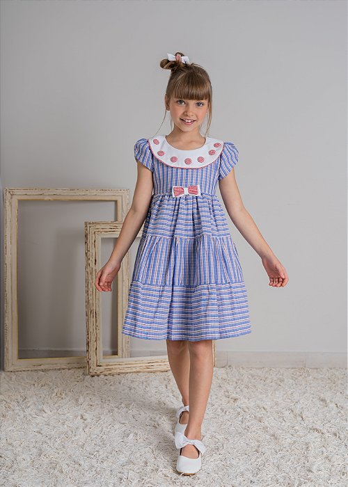 Vestido Infantil Listras Azul e Vermelho