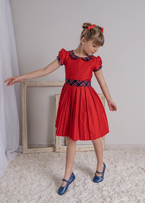Vestido Infantil Vermelho com Xadrez