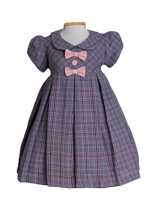 Vestido Infantil Xadrez Cinza e Rose
