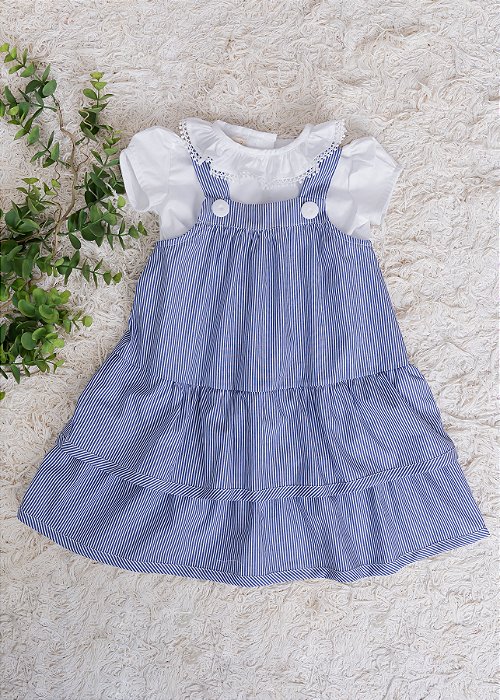 Vestido Linha A Listras Azul e Branco