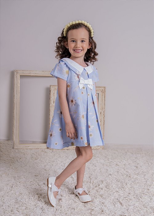 Vestido Linha A Margaridas Azuis