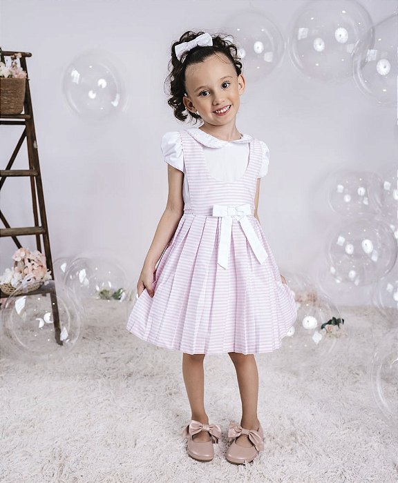 Vestido Infantil Jardineira Listrado Rosa