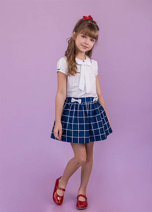 Conjunto Infantil Saia e Camisa Quadriculado Marinho