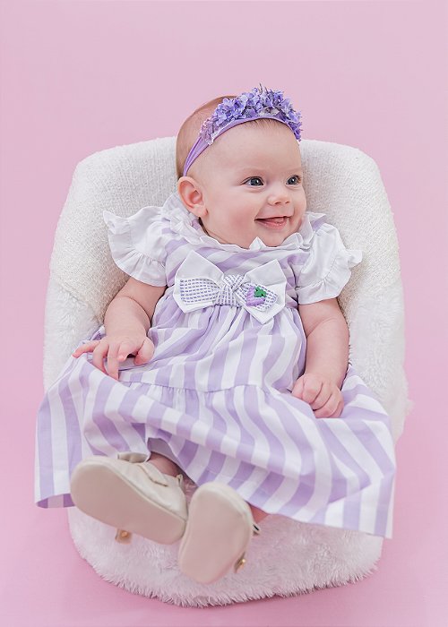Vestido Bebê Bebê Listrado Lavanda e Branco