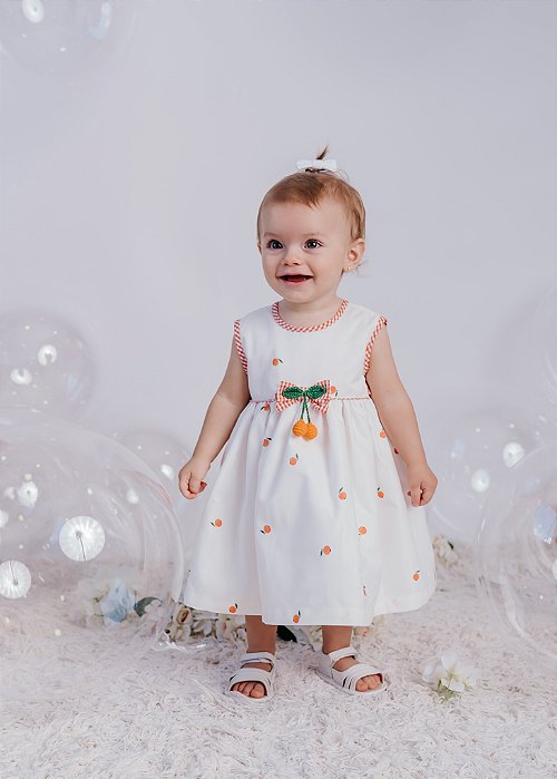 Vestido Bebê estampa Laranjinhas Costas Com Laço