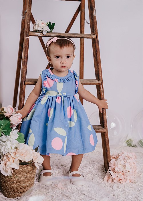 Vestido Bebê Azul Estampado Bolas Rosa c/ Verde Babadinhos