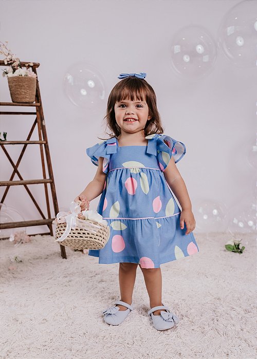 Vestido Infantil Azul Alça Bolas Rosa c/ Verde