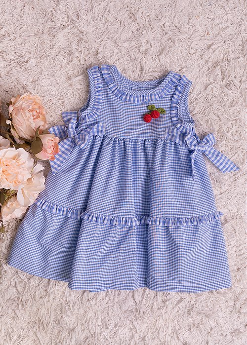 Vestido Bebê Xadrez Babadinhos Azul Claro