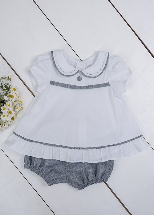 Conjunto Bebê  Alinhavo na Gola Cinza Mescla