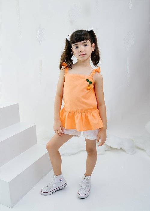 Conjunto Infantil Batinha Laranja com Shorts Estamp Laranjinha