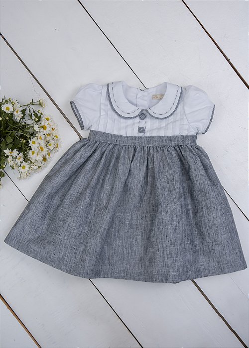 Vestido Bebê  Alinhavo na Gola Cinza Mescla