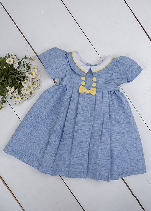 Vestido Bebê  Azul Mescla Com Detalhes Amarelos