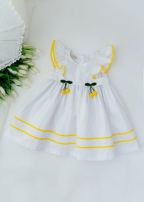 Vestido Bebê Branco com Vivo Amarelo