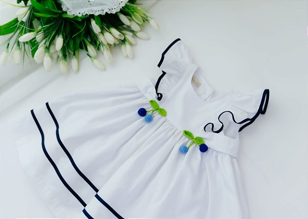 Vestido Bebê Branco com Vivo Marinho