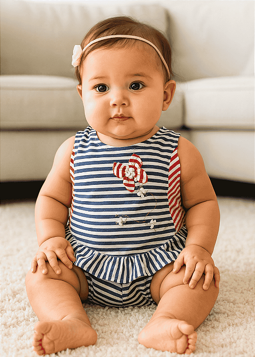Conjunto Bebê Listras Marinho e Vermelho