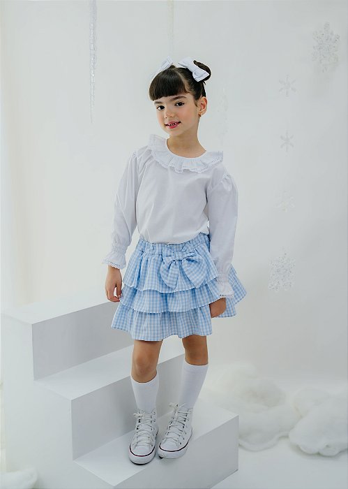 Conjunto Infantil Saia Babados Xadrez Azul