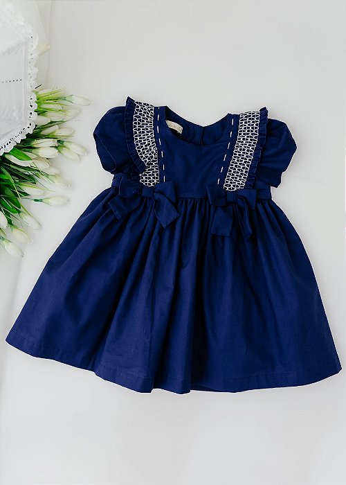 Vestido Bebê Casinha de Abelha Na Alça Babadinhos Marinho