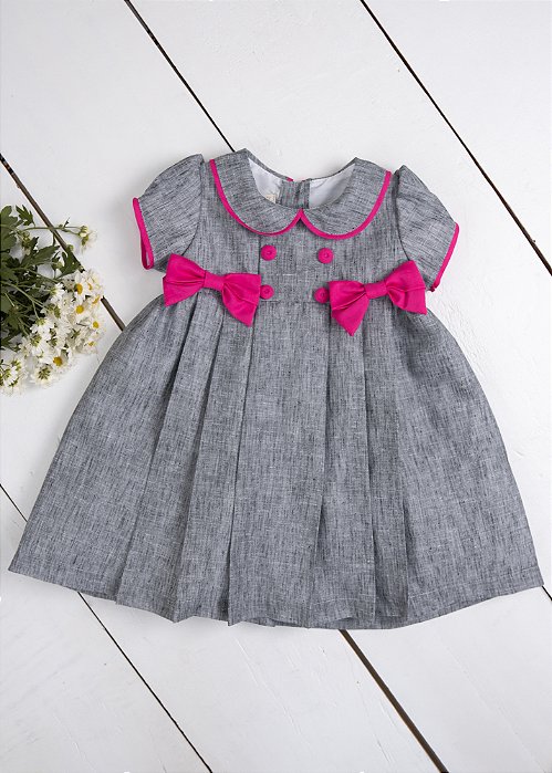 Vestido Bebê Cinza Mescla Com Detalhes Pink
