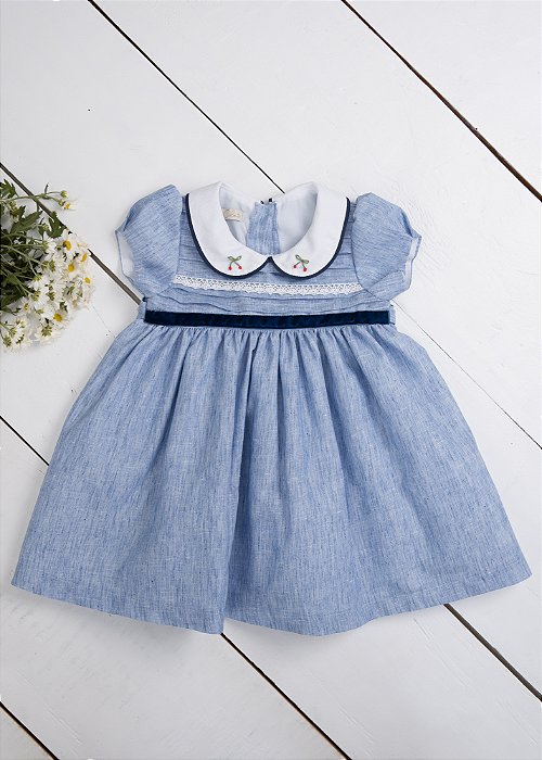 Vestido Bebê Fita de Veludo Marinho Azul Mescla