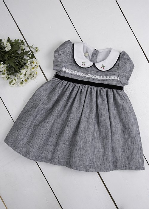 Vestido Bebê Fita de Veludo Preto Cinza Mescla